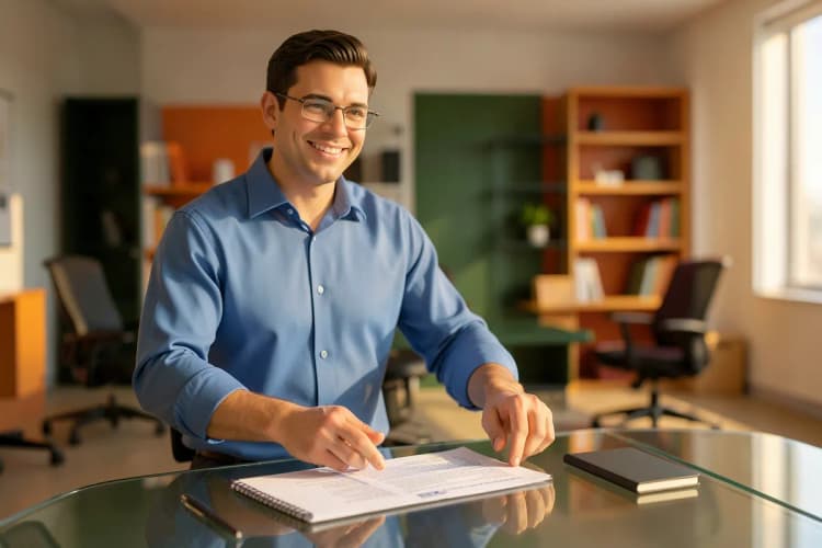 Um homem de óculos, com camisa social azul, sorri e aponta para um contrato de empréstimo em uma mesa com um notebook e uma caneta.