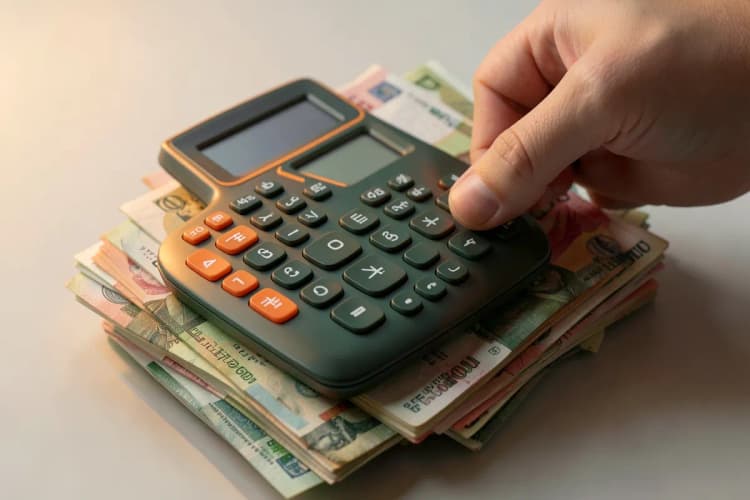 Uma calculadora sobre um monte de notas de dinheiro e moedas, com uma mão adicionando mais notas.