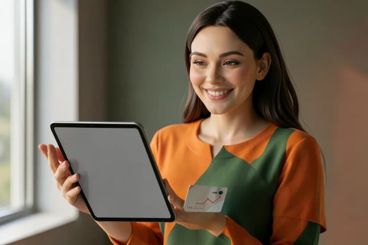 Uma mulher sorri enquanto segura um cartão de crédito e olha para um gráfico de crescimento em um tablet.