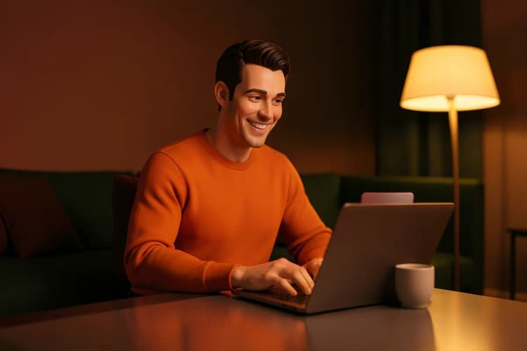 Um homem sorri enquanto usa um laptop em uma sala de estar moderna, com uma xícara de café ao lado.