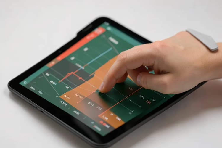 Uma mão interage com um simulador em um tablet, mostrando gráficos e números.
